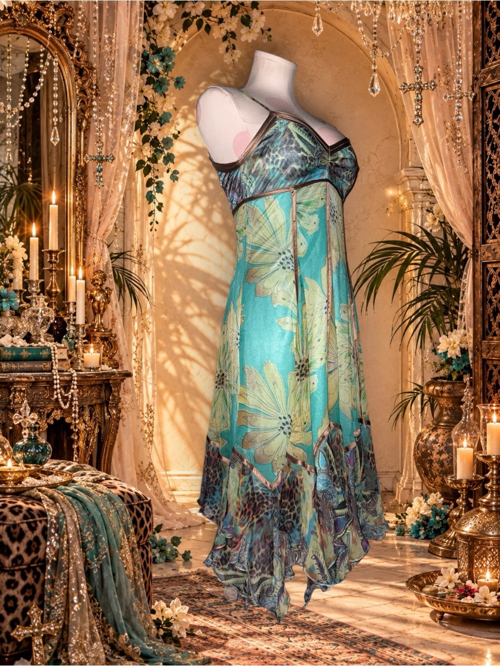 Sue Wong Vintage Y2K Silk Floral & Leopard Handkerchief Fairy Dress Sz 4 - Picture 3 of 7